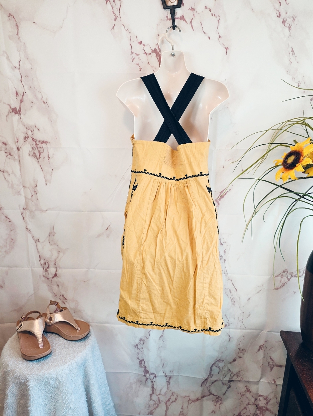 Anthropologie Floreat Y2K Floral Embroidered Dress Smocked Full Skirt Pockets - Picture 5 of 7